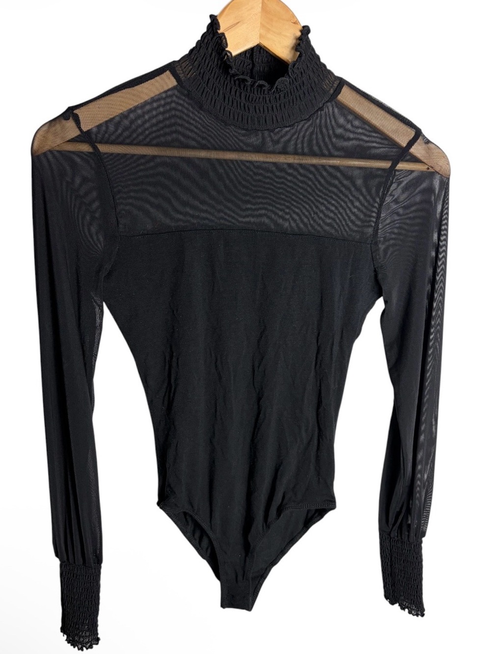 Black mesh panel long sleeve turtleneck smocked bodysuit size S